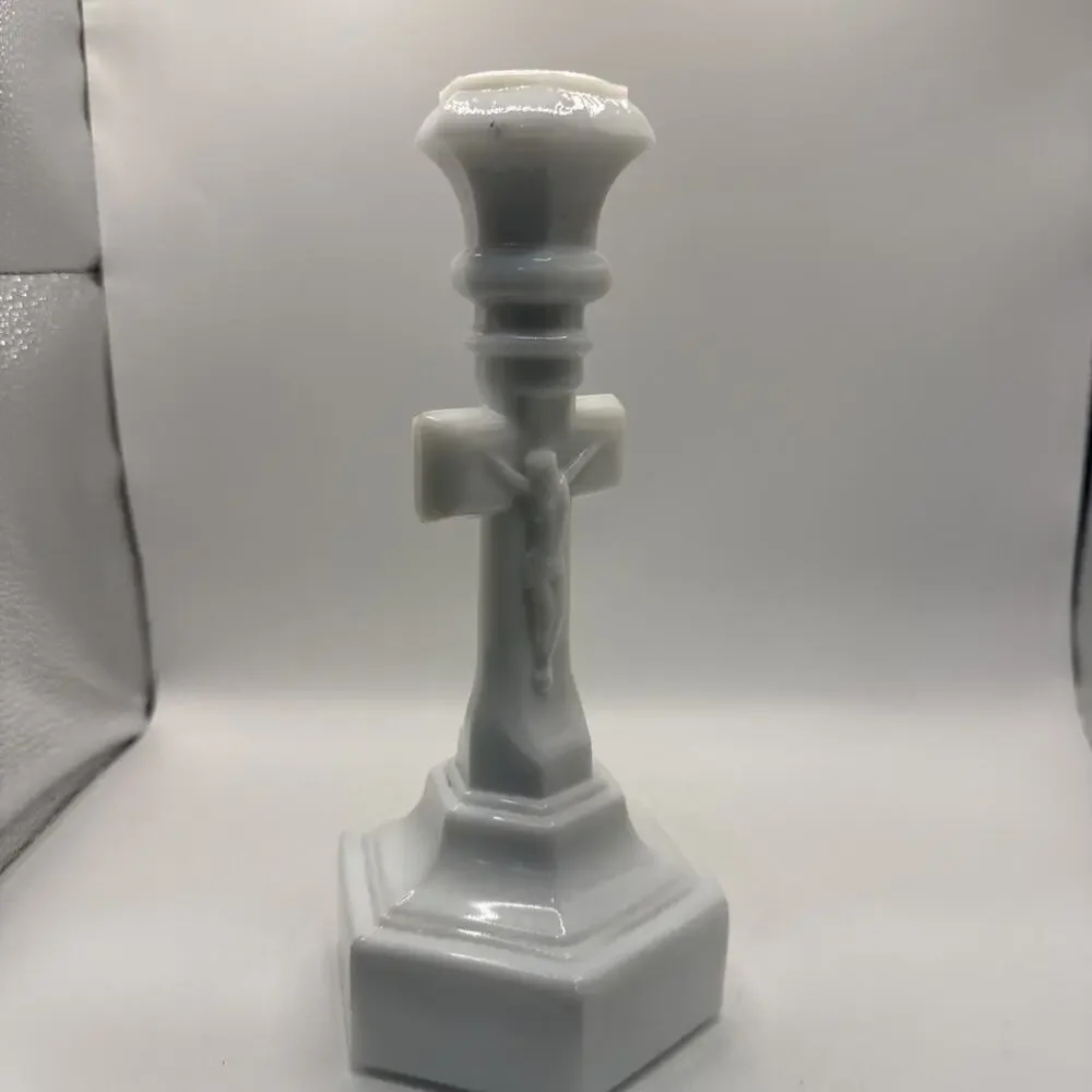 VTG Pressed Milk Glass, Crucifix Candlestick Holder 6 Sided Base *